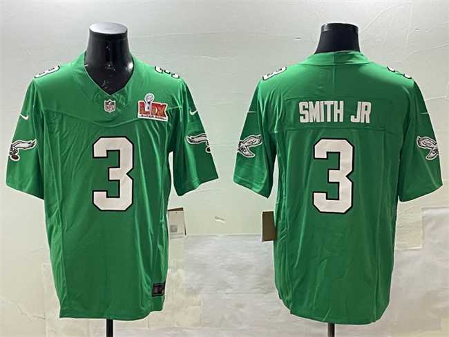 Mens Philadelphia Eagles #3 Nolan Smith Jr. Green 2025 Super Bowl LIX Patch F.U.S.E. Throwback Vapor Untouchable Limited Stitched Jersey